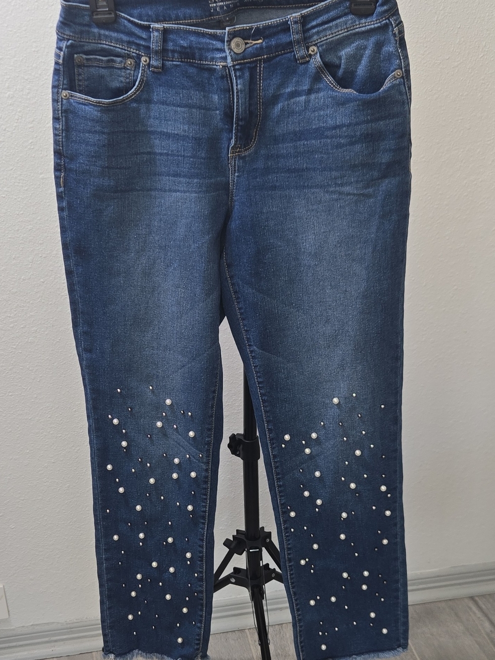 New York & Company Dark Blue Straight Leg Jeans with Pearl Accents